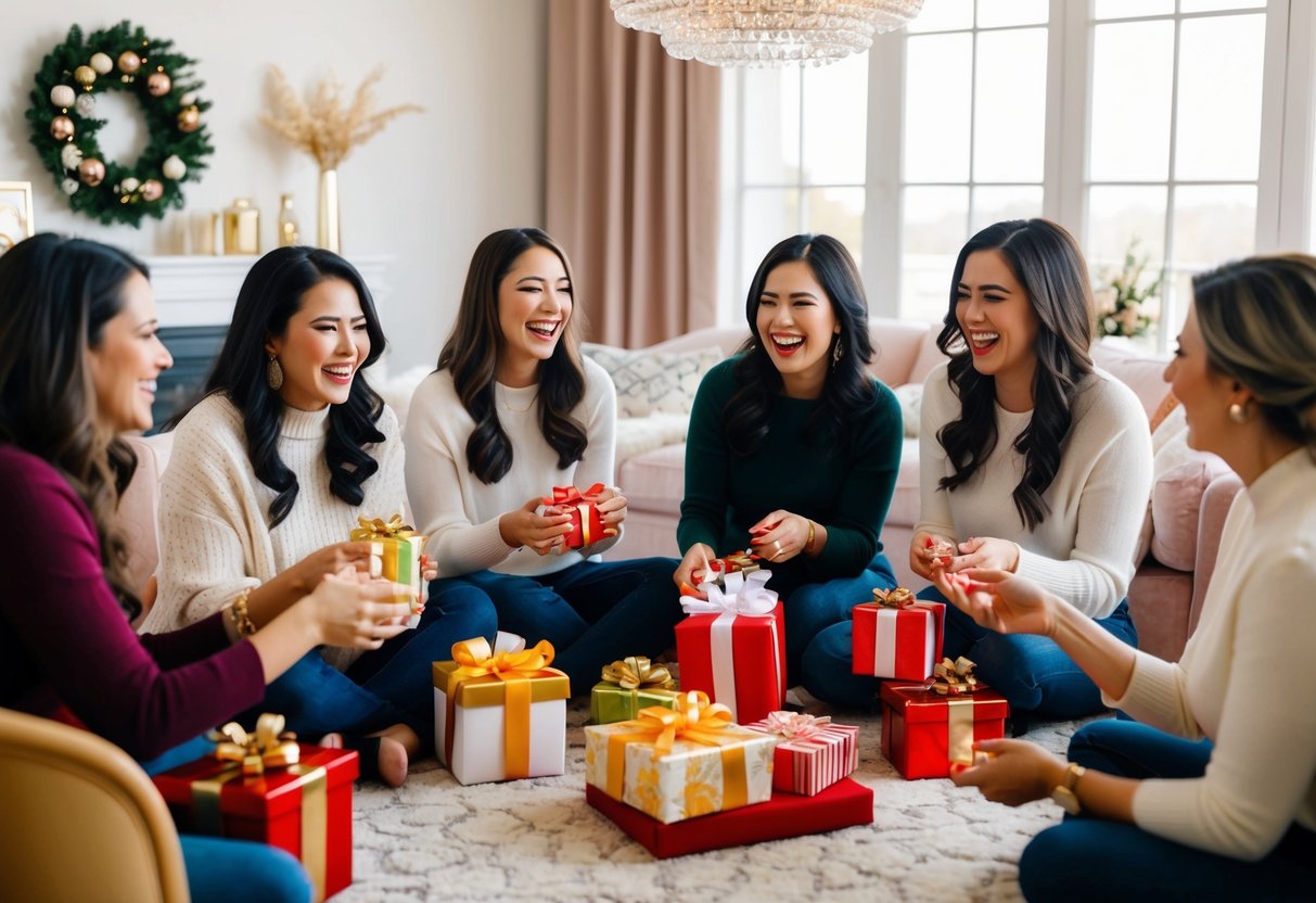 A group of women gather in a beautifully decorated space, laughing and enjoying refreshments while playing games and opening gifts