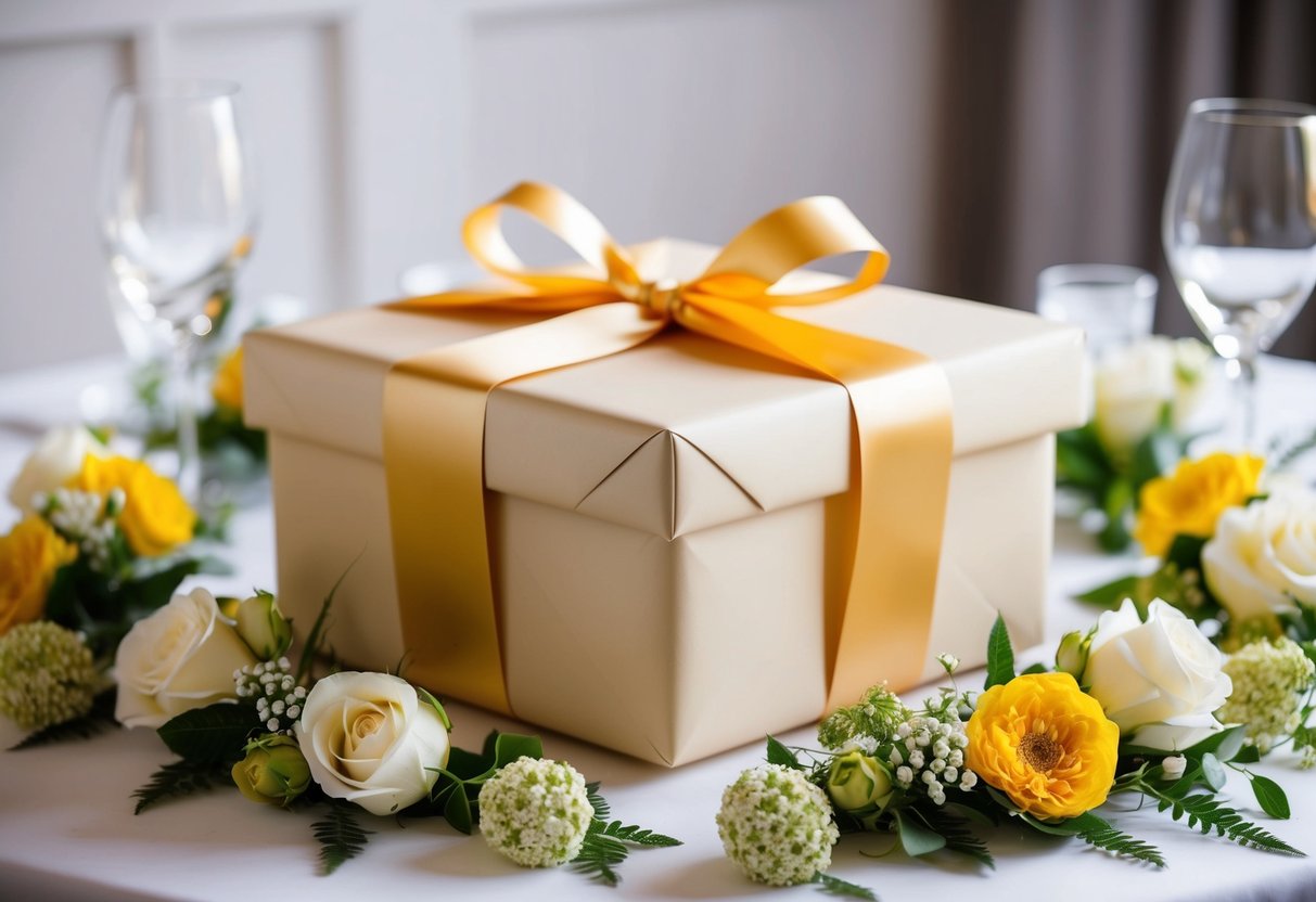 A beautifully wrapped gift box placed on a table, surrounded by elegant decorations and flowers, ready to be presented as a wedding gift