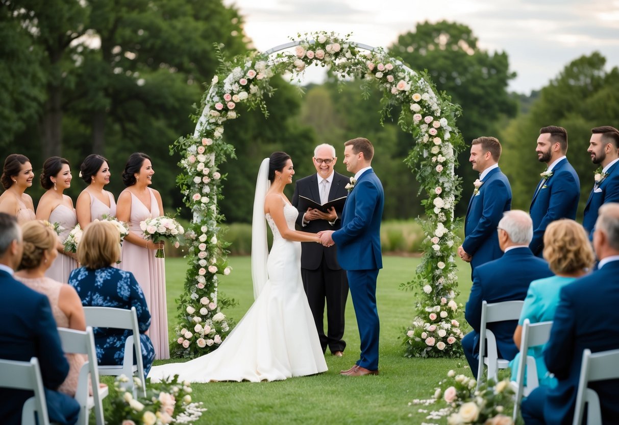 A serene outdoor wedding ceremony with a couple standing before a beautiful arch adorned with flowers, surrounded by their loved ones, exchanging heartfelt vows