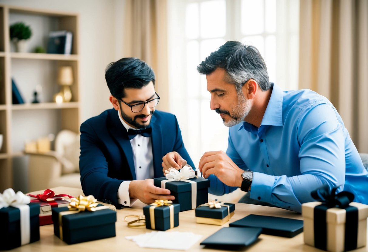 A father carefully selecting a meaningful wedding gift for his son, surrounded by various options and thoughtful consideration