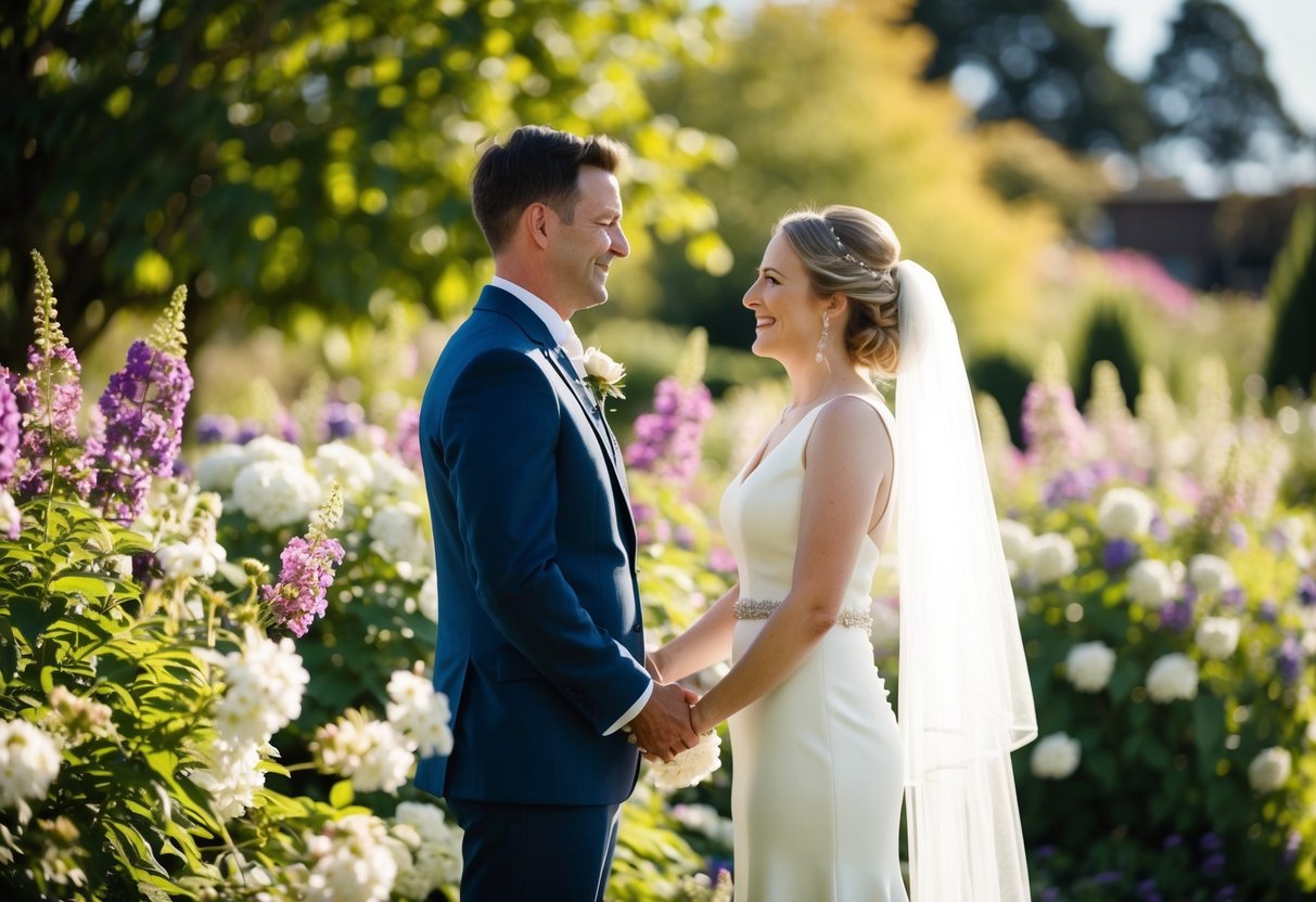 A couple stands in a sunlit garden, surrounded by blooming flowers and a gentle breeze, as they exchange heartfelt wedding vows