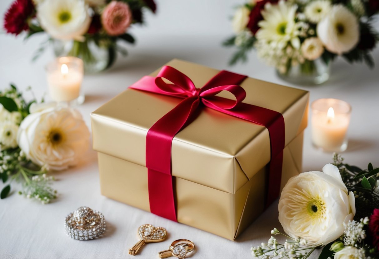 A beautifully wrapped gift box surrounded by delicate floral arrangements and elegant wedding decor