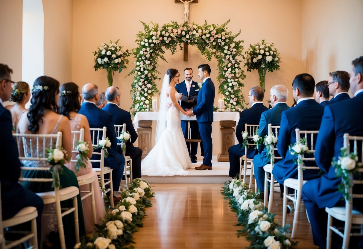 A traditional wedding ceremony with guests seated in rows facing a flower-adorned altar. The bride and groom stand facing each other, exchanging vows