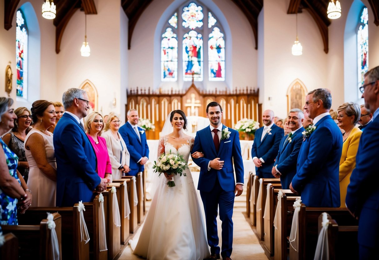 A bride and groom stand at the altar in a beautiful church, surrounded by family and friends. The ceremony is filled with love and joy, as the couple begins their new life together