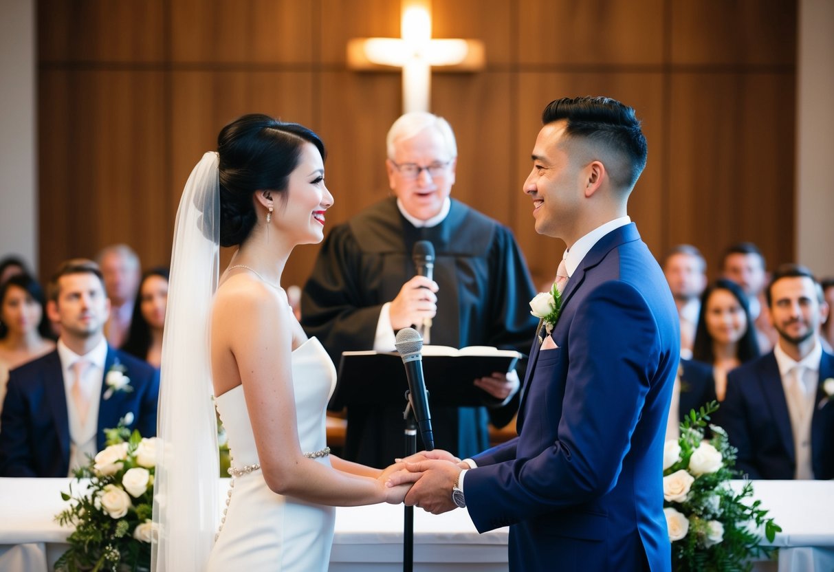 A couple stands at the altar, facing each other with a microphone between them. The officiant gestures for them to speak, as the audience watches expectantly
