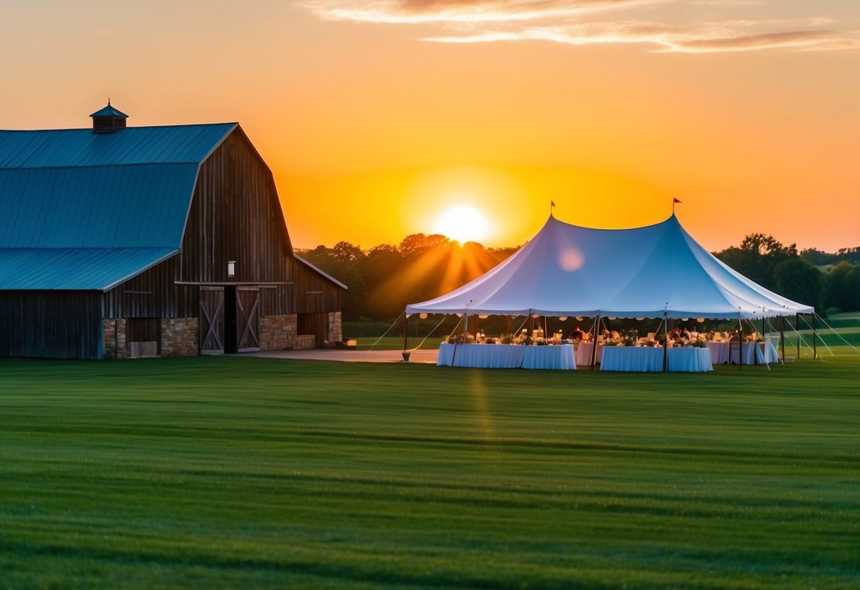 The sun sets behind a rustic barn, casting a warm glow on a sprawling green field where a white tent is set up for a wedding reception