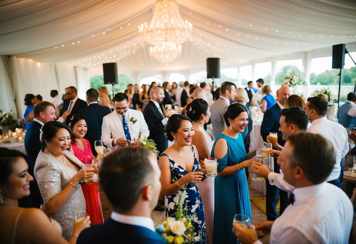 A vibrant scene of pre-wedding events, with guests mingling and enjoying music and refreshments, creating a joyful and celebratory atmosphere