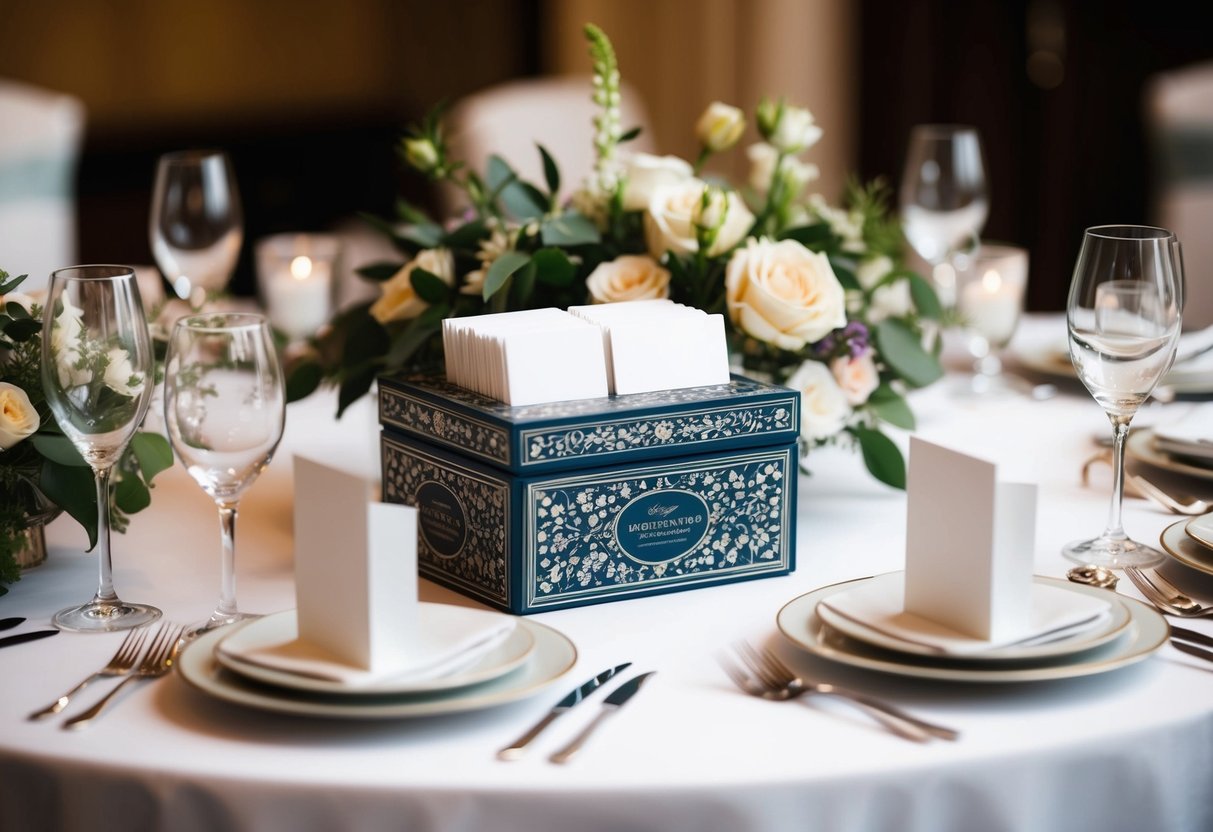 A table with a decorative box for cards, surrounded by floral centerpieces and elegant place settings