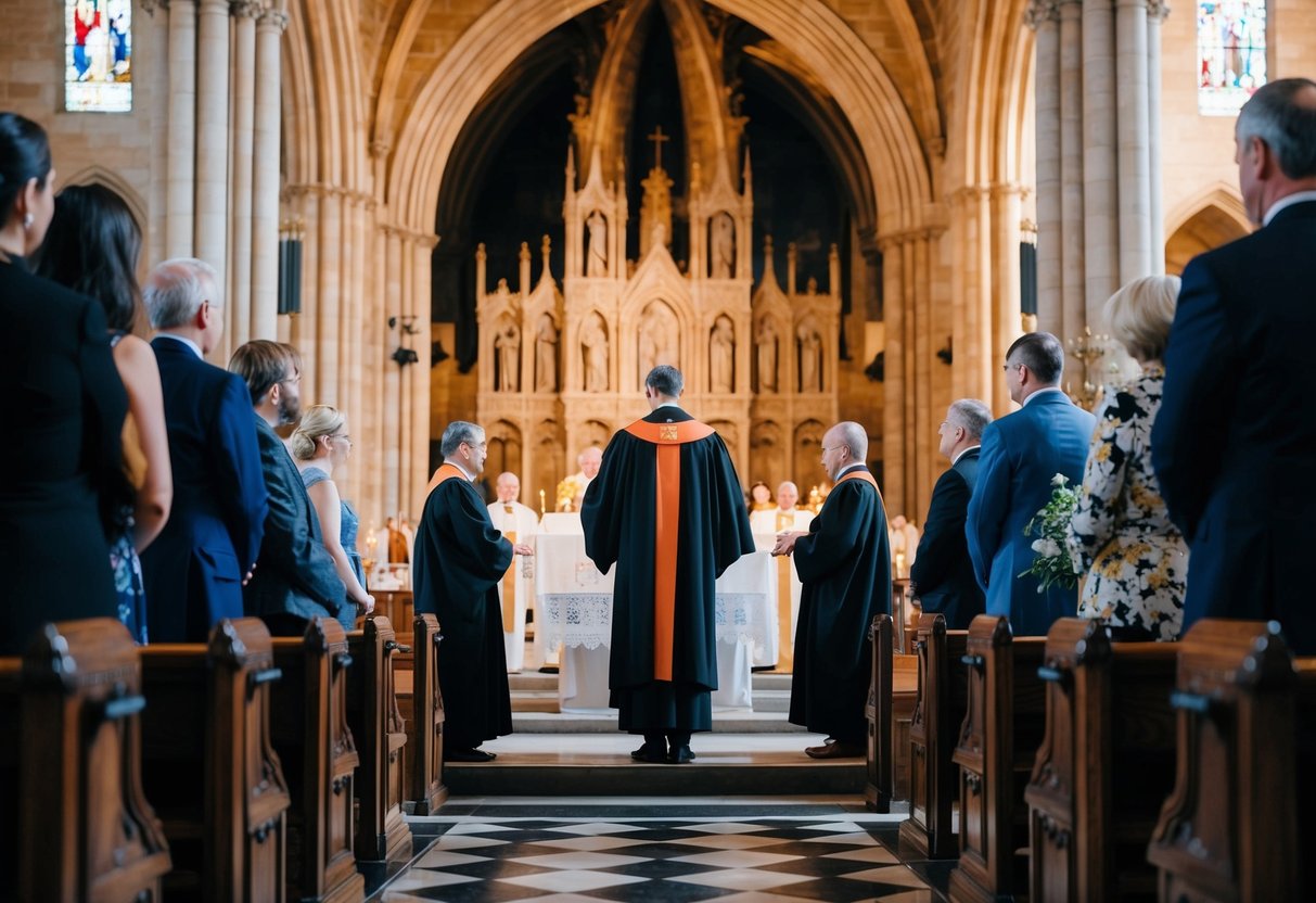 A historic cathedral with a figure standing before an officiant, surrounded by witnesses