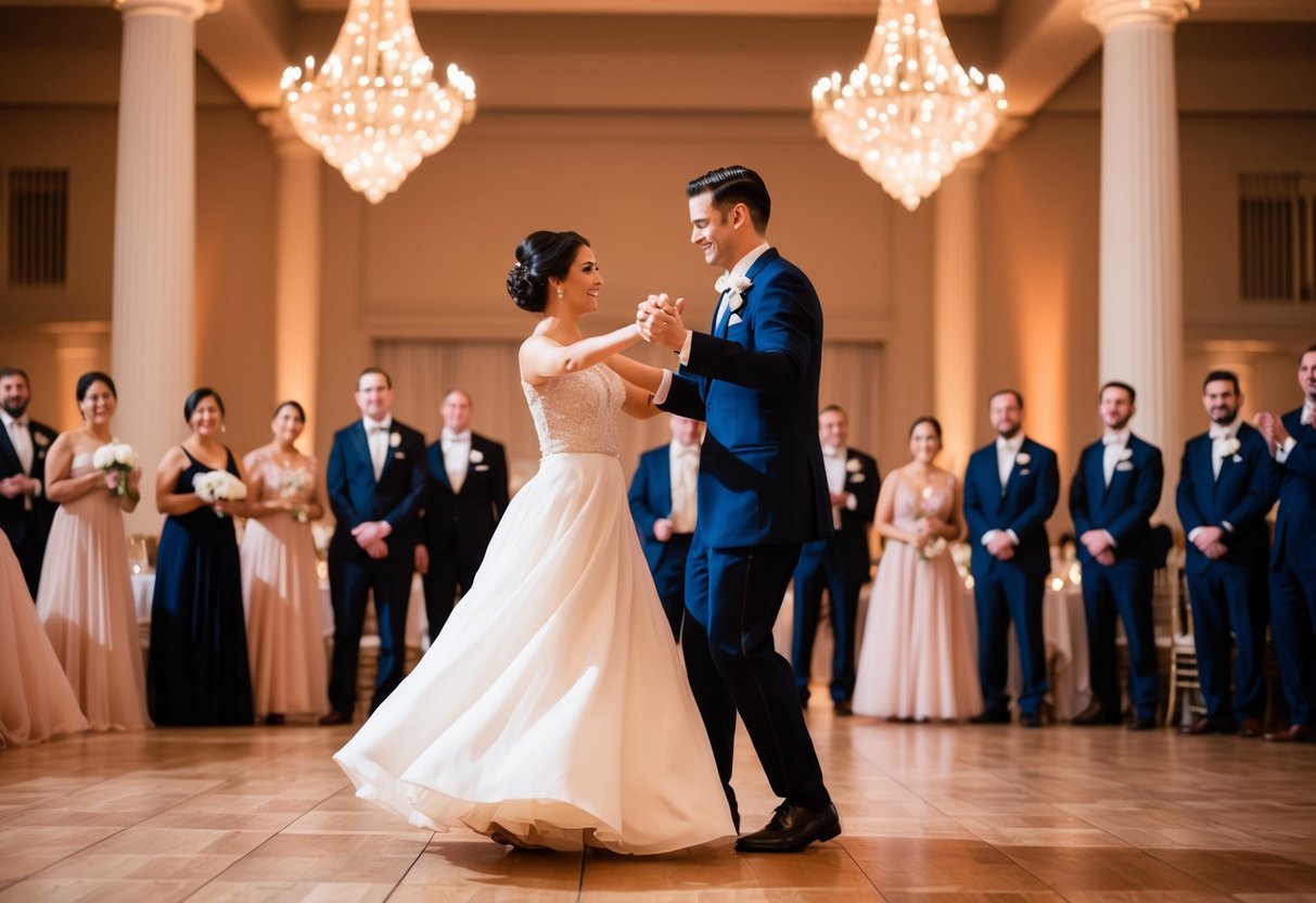 A couple dances under soft, warm lights in a grand ballroom. Guests watch as they move gracefully across the floor, lost in the moment