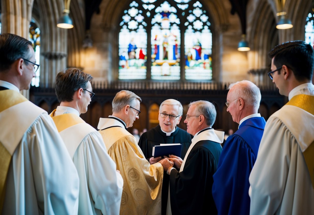 A historic British cathedral with a group of individuals being ordained by a religious leader