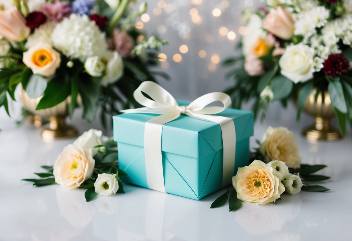 A beautifully wrapped gift box surrounded by elegant wedding decor and floral arrangements