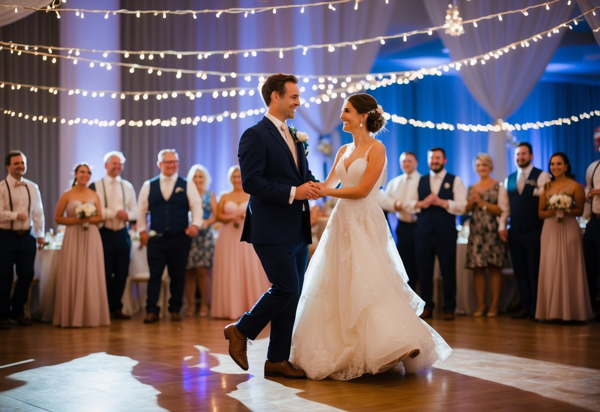A newlywed couple gracefully glides across the dance floor, surrounded by the soft glow of twinkling lights and the gentle hum of music