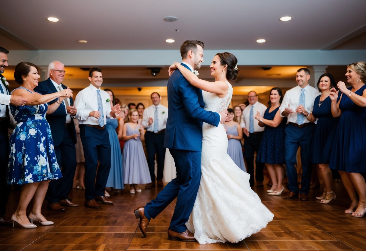 A couple glides across the dance floor, surrounded by friends and family, as they share a romantic first dance at their wedding