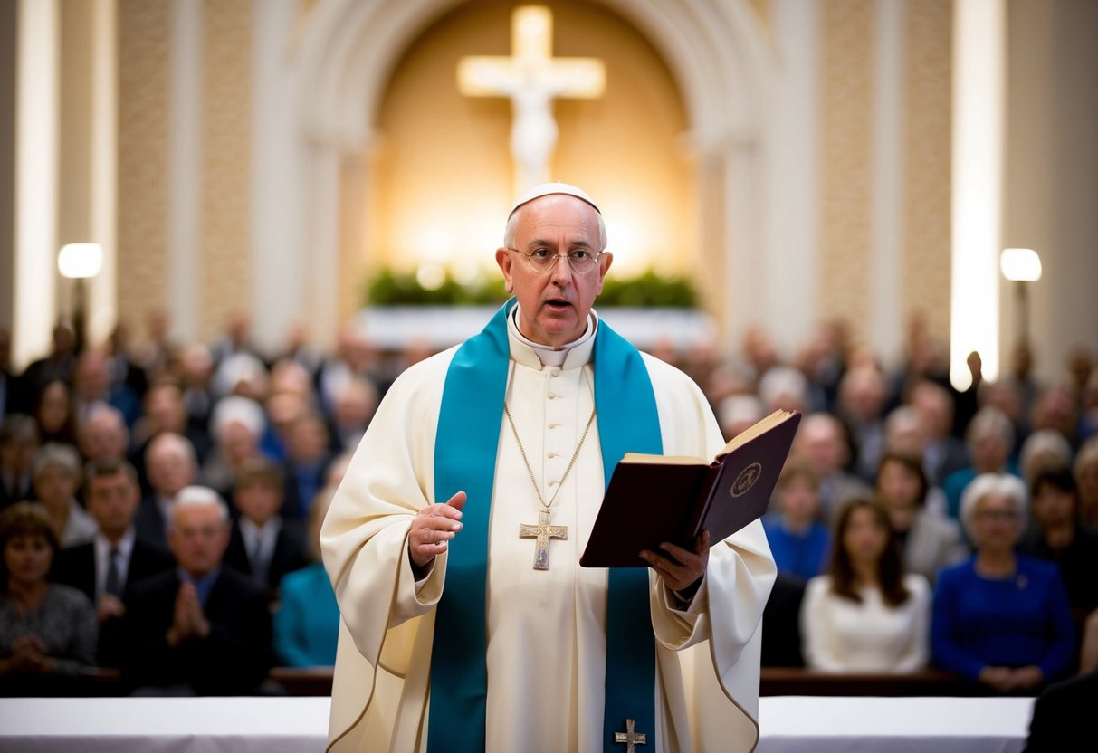 A figure standing in front of a religious congregation, speaking confidently and holding a sacred text