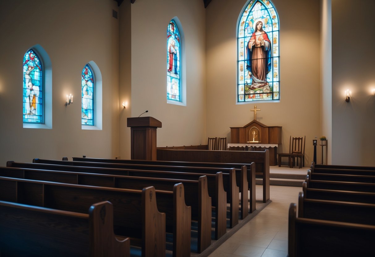 A serene chapel with rows of empty pews, a podium, and a stained glass window depicting a religious figure