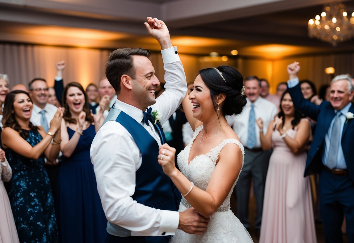 A newlywed couple dancing joyfully surrounded by cheering guests at a wedding reception