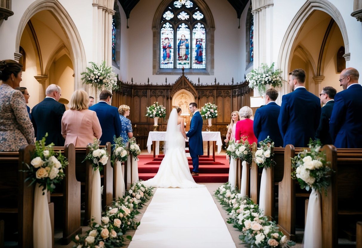 A traditional British wedding scene with a grand church, floral decorations, a white aisle runner, and a couple standing at the altar