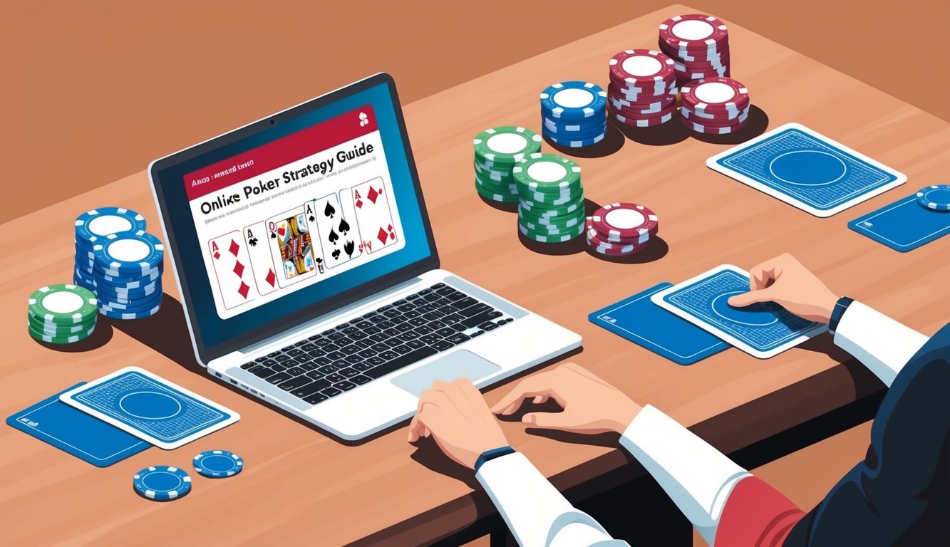 Sebuah meja dengan chip poker, kartu, dan laptop yang menampilkan panduan strategi poker online