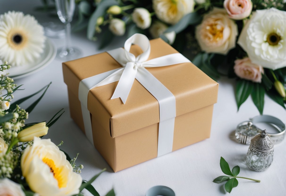 A beautifully wrapped gift box with a ribbon, surrounded by elegant floral arrangements and a traditional British wedding setting