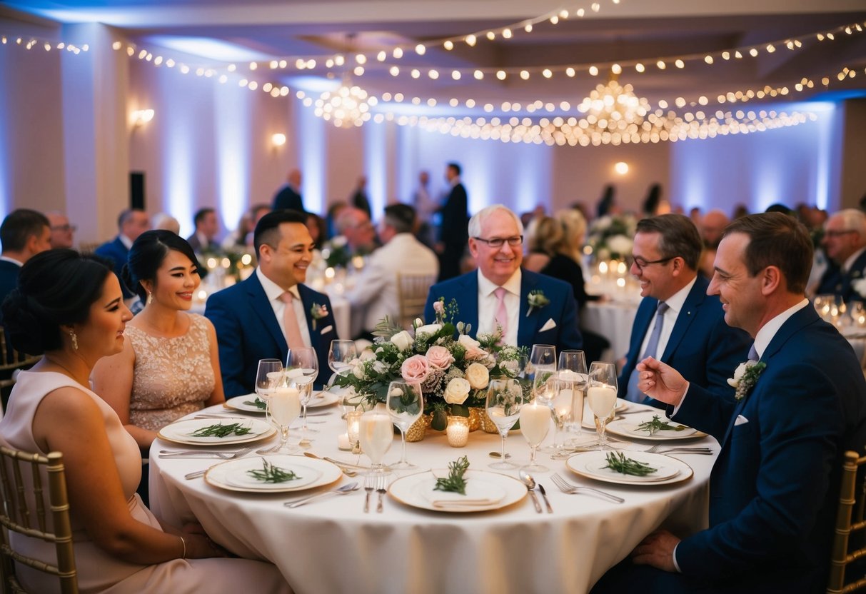 Guests seated at round tables with elegant place settings, enjoying a festive meal under soft lighting and floral centerpieces