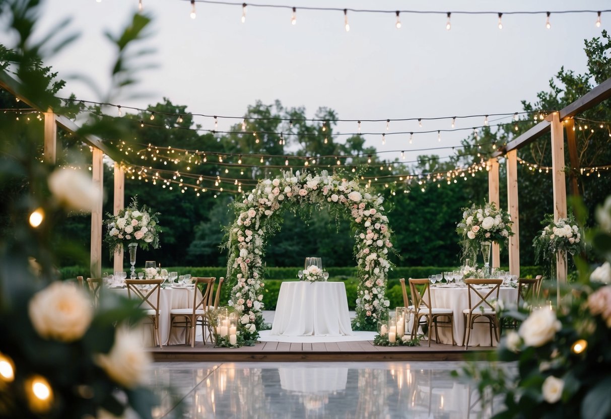 A floral-filled outdoor wedding venue with an elegant arch, seating, and a dance floor, surrounded by twinkling lights and greenery
