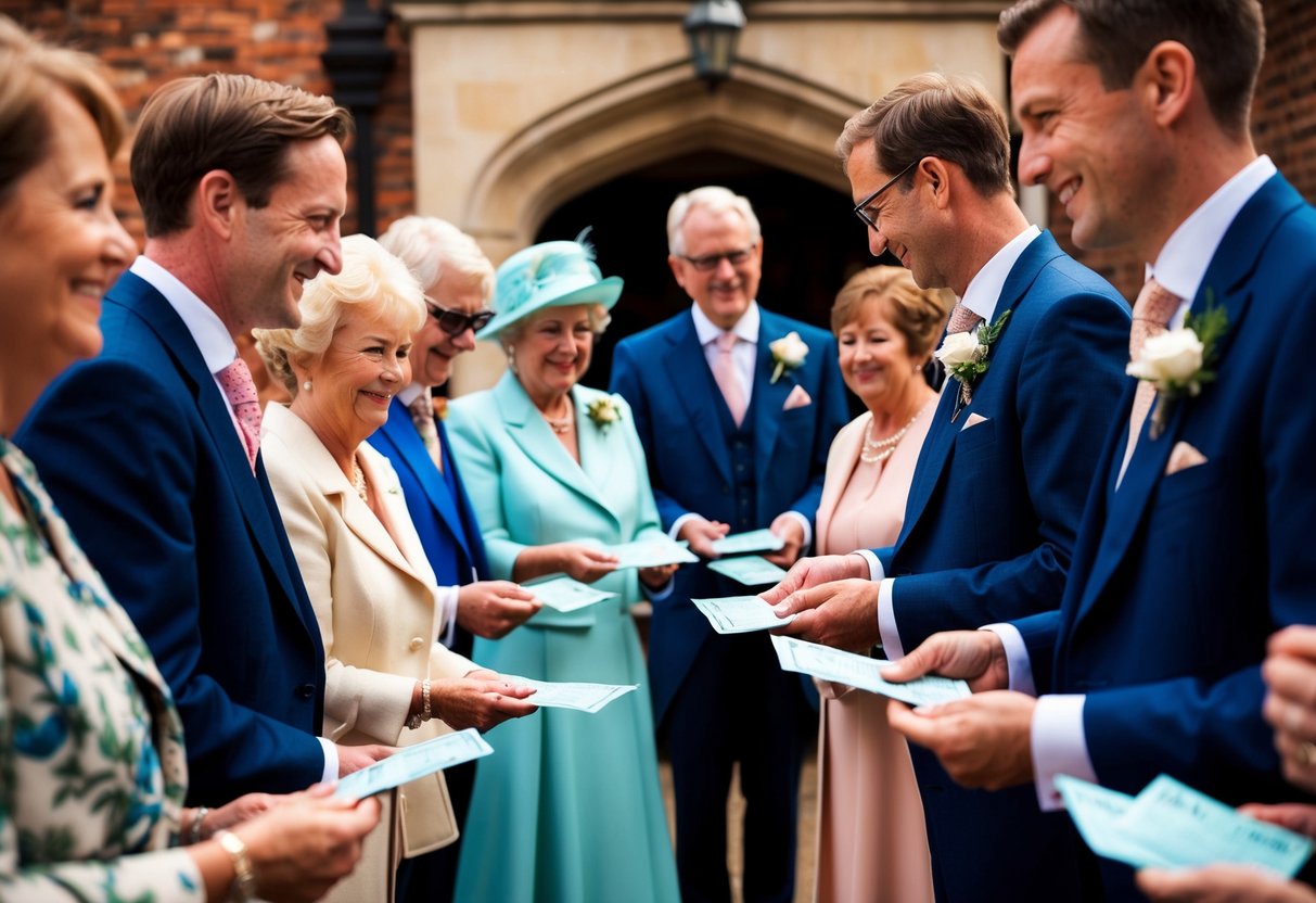 A traditional British wedding scene with guests presenting monetary gifts in envelopes