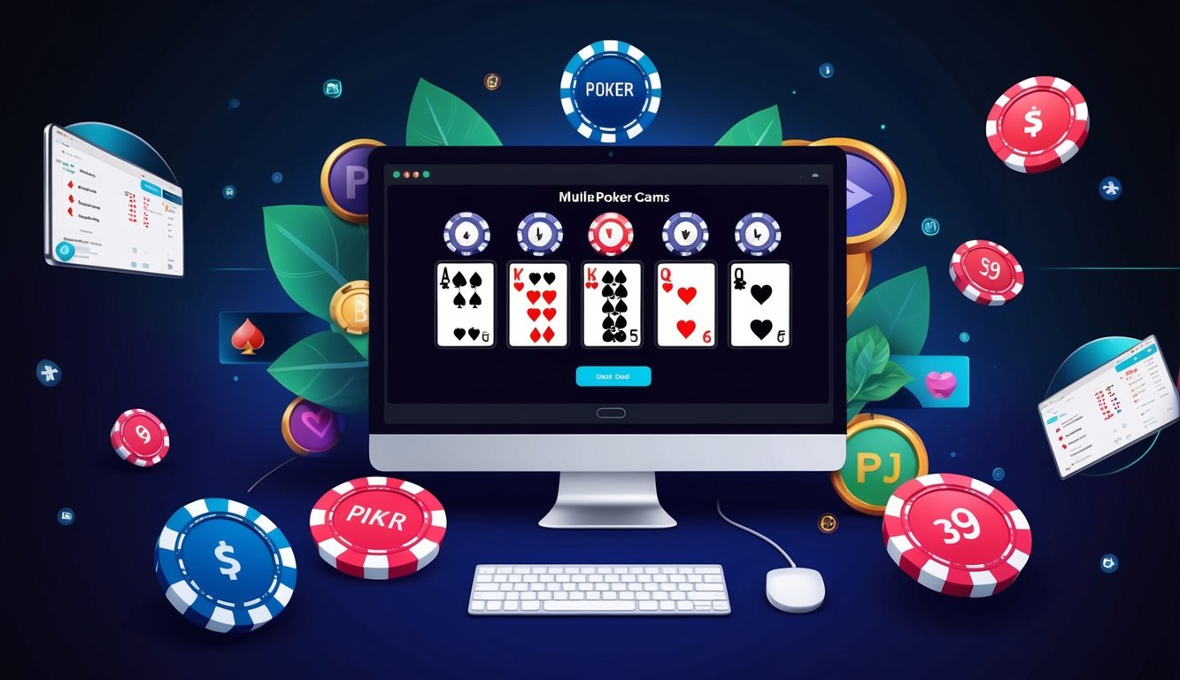 Sebuah layar komputer dengan berbagai pilihan permainan poker yang ditampilkan, dikelilingi oleh grafik dan ikon bertema kasino virtual