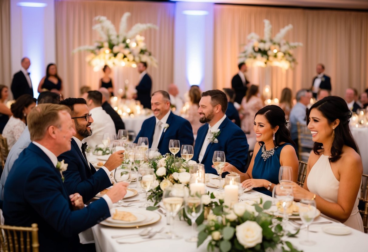 Guests enjoying a leisurely dinner at a wedding reception, surrounded by elegant decor and soft lighting