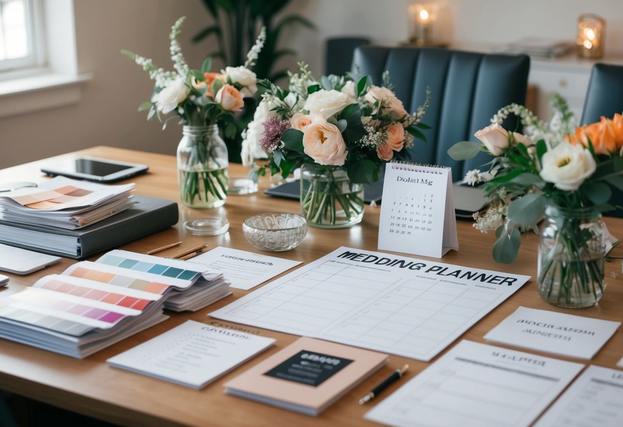 A bustling wedding planner's desk with swatches, flowers, and vendor brochures scattered among a calendar and checklist