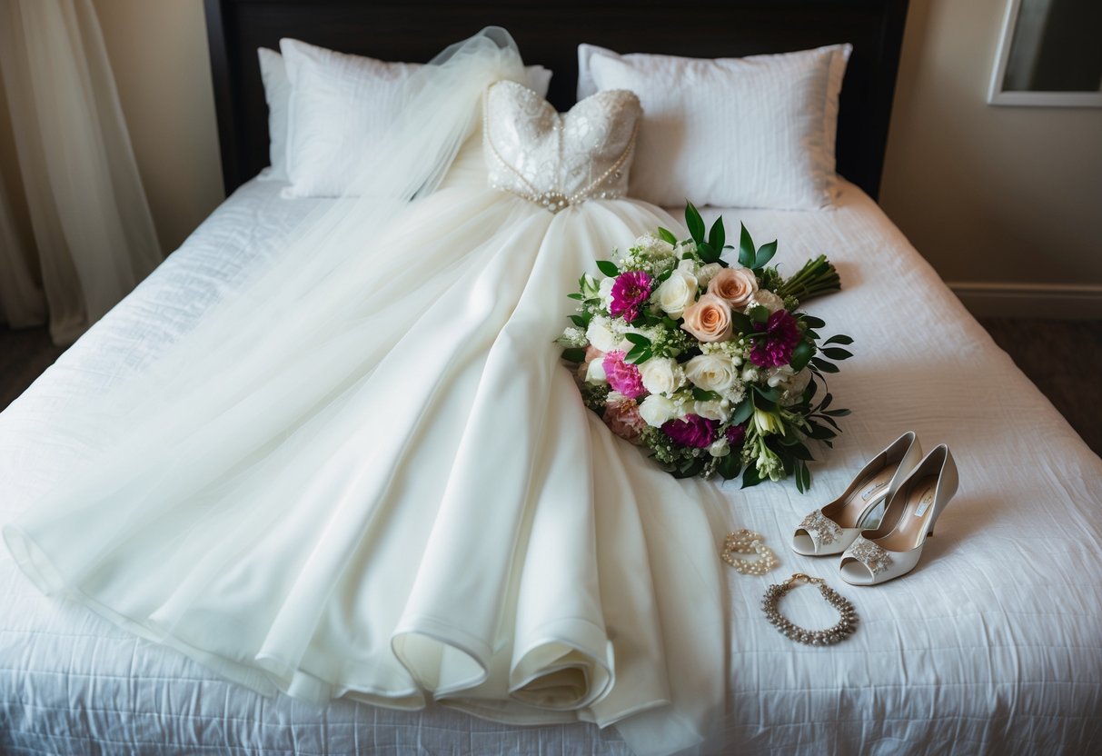 A bride's gown and veil laid out on a bed, surrounded by a bouquet of flowers, jewelry, and a pair of elegant shoes