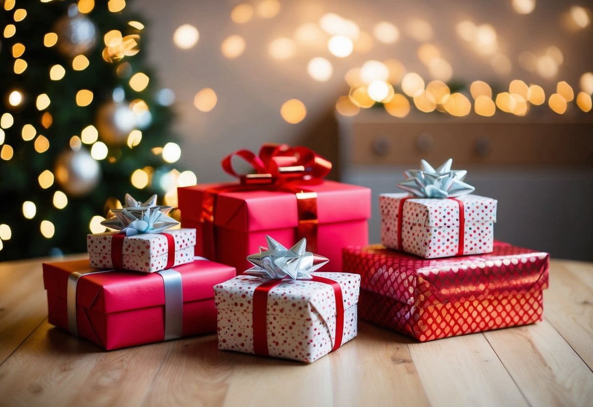 A table with wrapped gifts and a decorative card box