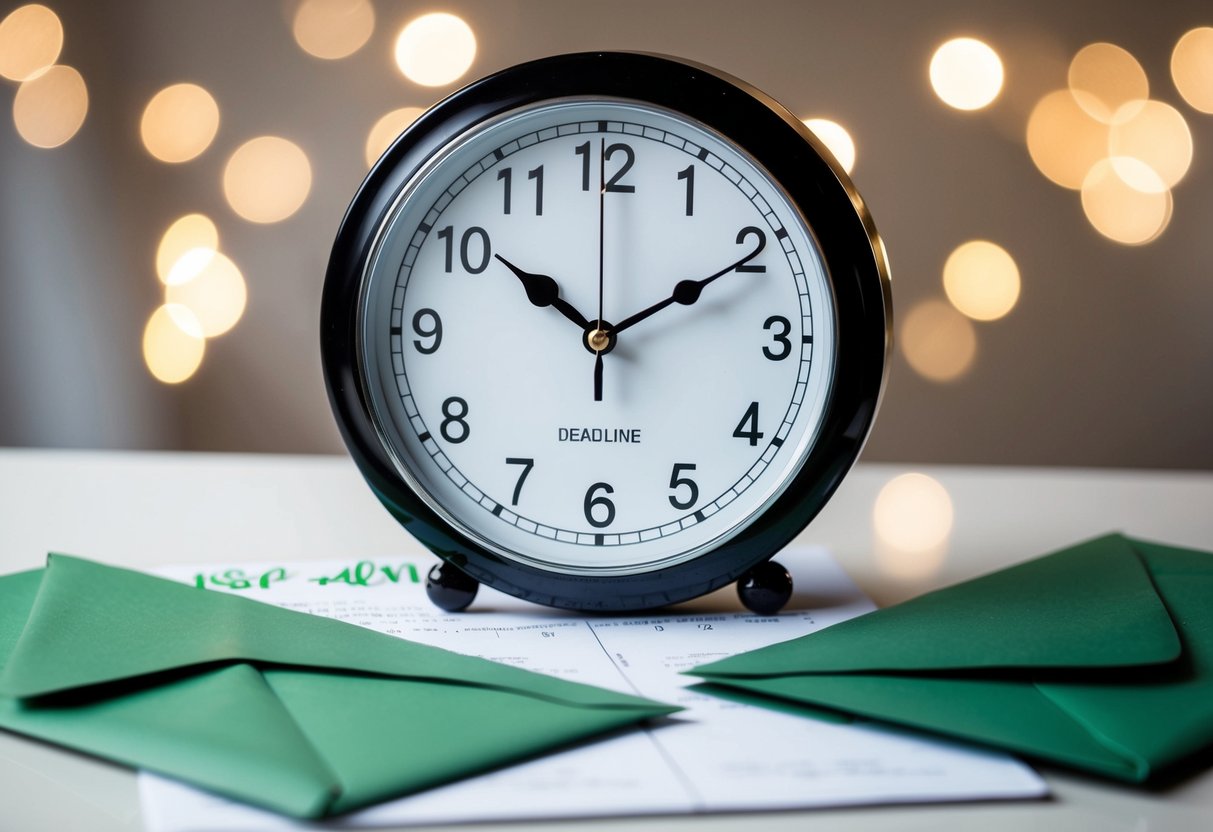 A clock with a deadline date circled on a calendar, surrounded by a pile of unopened invitation envelopes