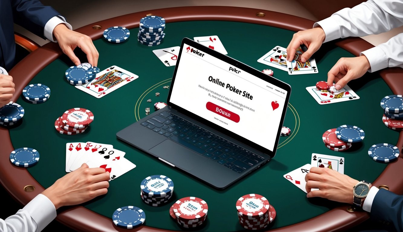 Sebuah meja dikelilingi oleh chip poker dan kartu, dengan perangkat digital yang menampilkan situs poker online dan tawaran bonus yang menggoda