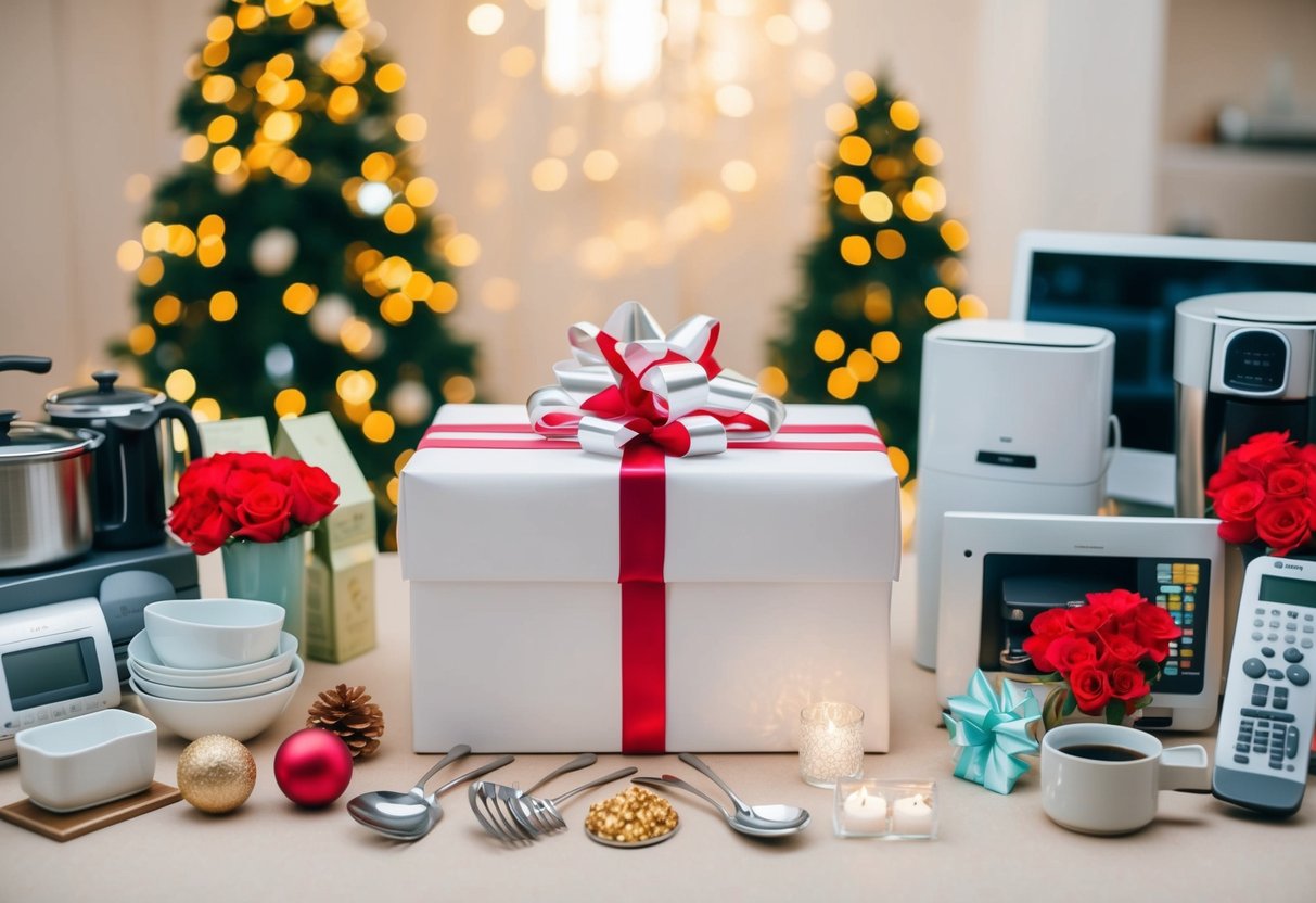 A beautifully wrapped gift box surrounded by various wedding registry items such as kitchenware, home decor, and electronics