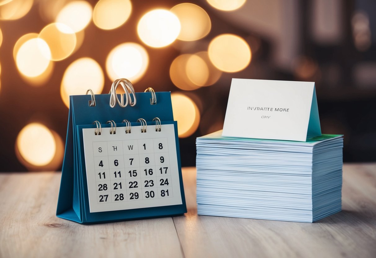 A calendar with a highlighted date and a stack of invitation cards