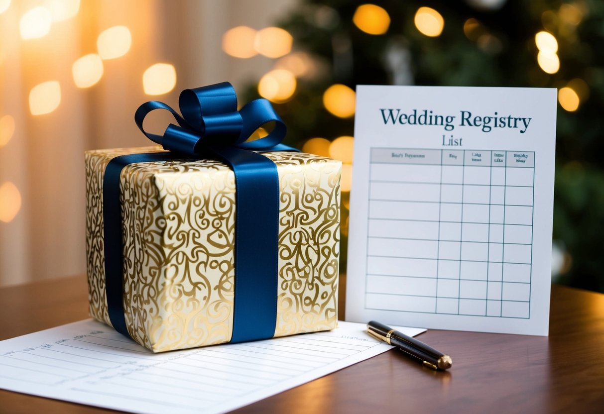 A beautifully wrapped gift box sits on a table next to a wedding registry list and a pen