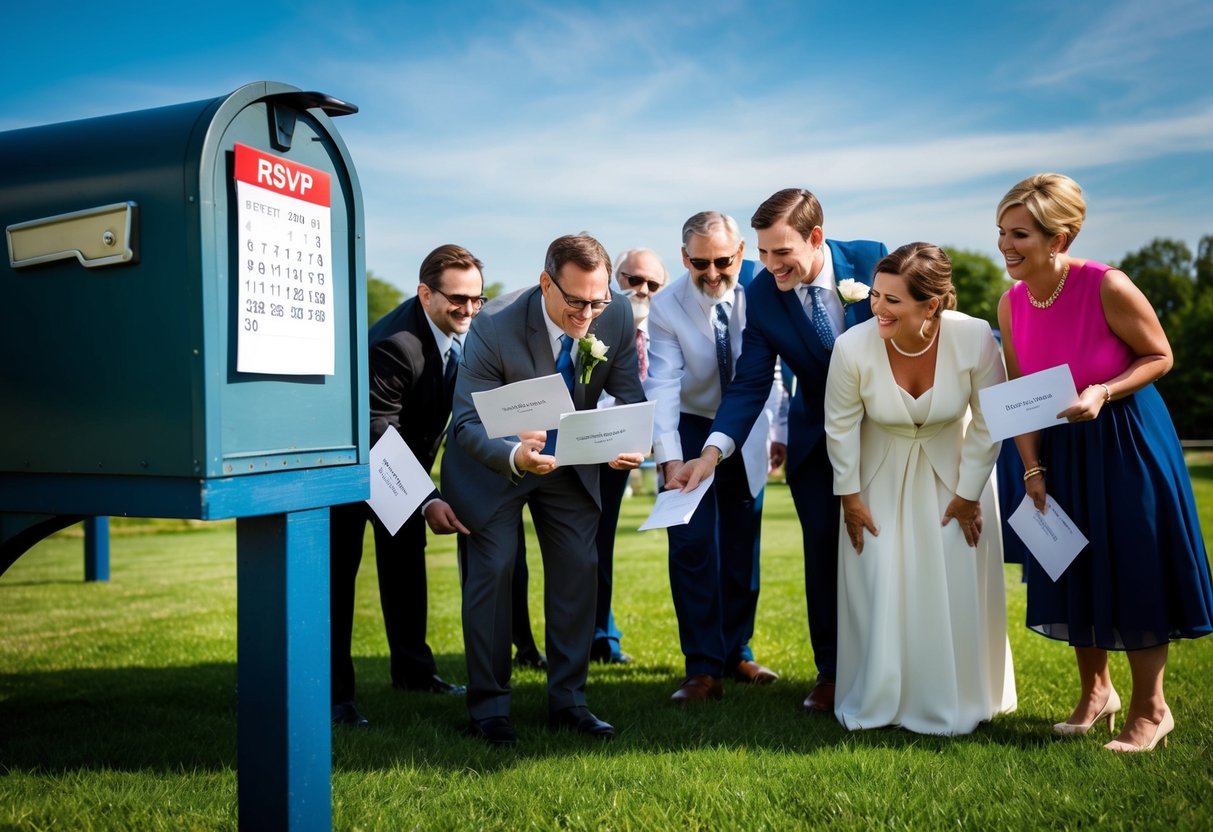 Guests gather around a mailbox, eagerly checking for invitations. Calendar shows a deadline for RSVP