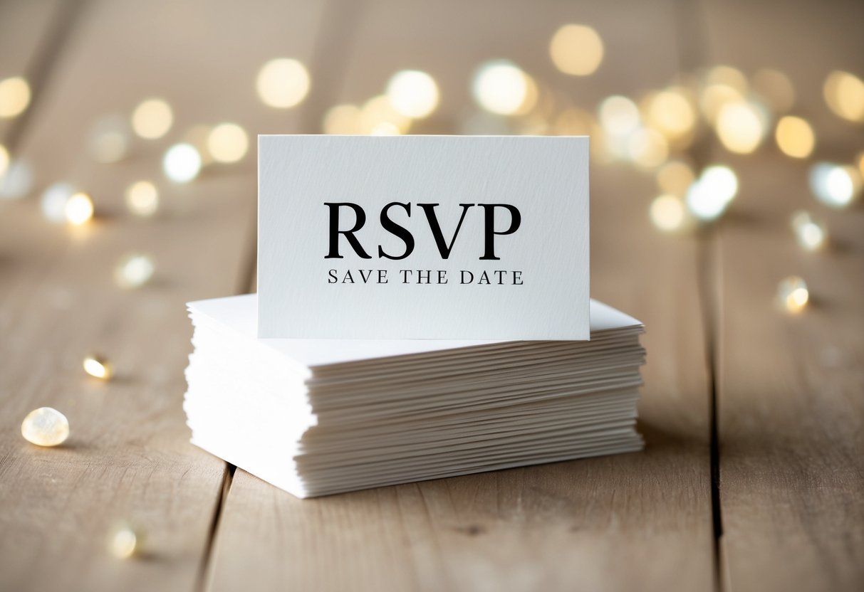 A stack of elegant save the date cards with "RSVP" elegantly printed on them