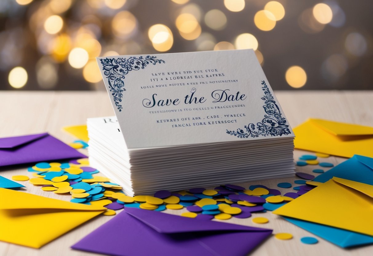 A stack of elegant save the date cards with a space for RSVP and a decorative design, surrounded by a scattering of colorful envelopes