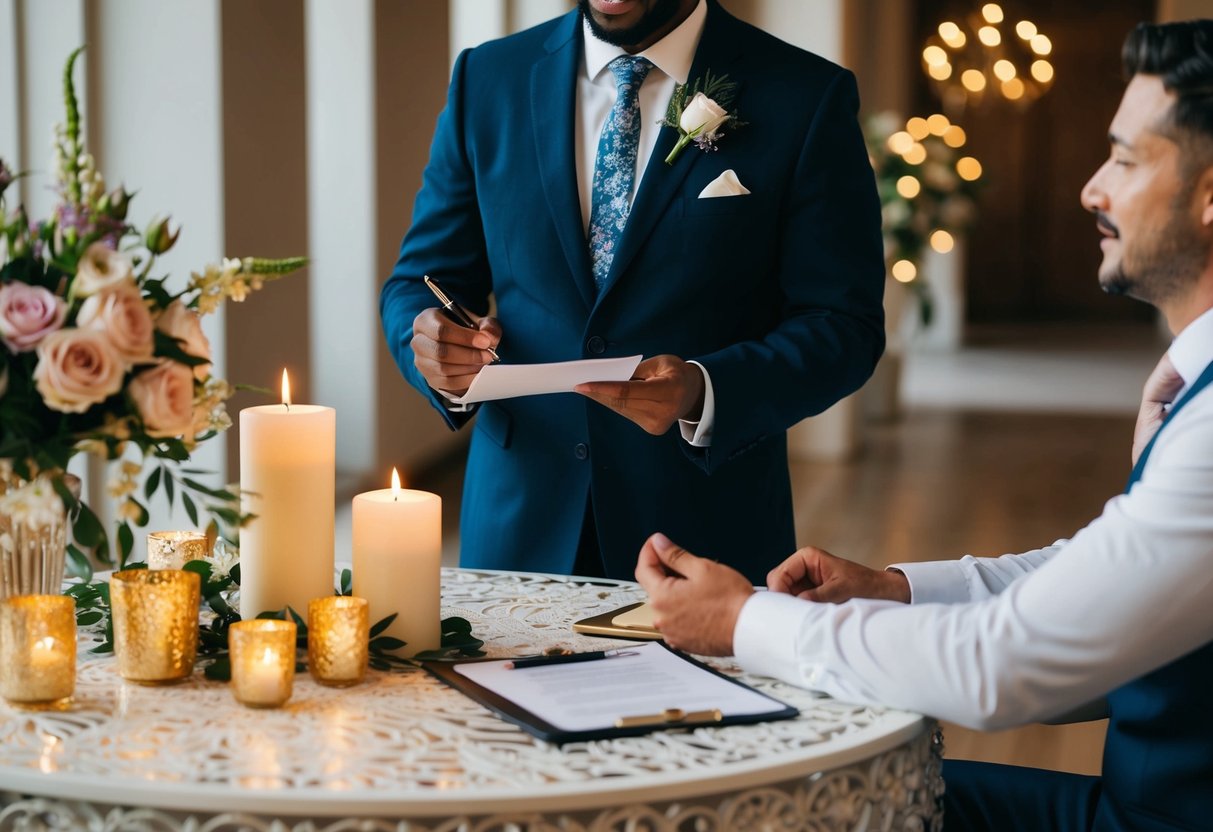 A celebrant stands at a decorative table with a pen and paper, surrounded by flowers and candles. A couple sits opposite, discussing details and costs