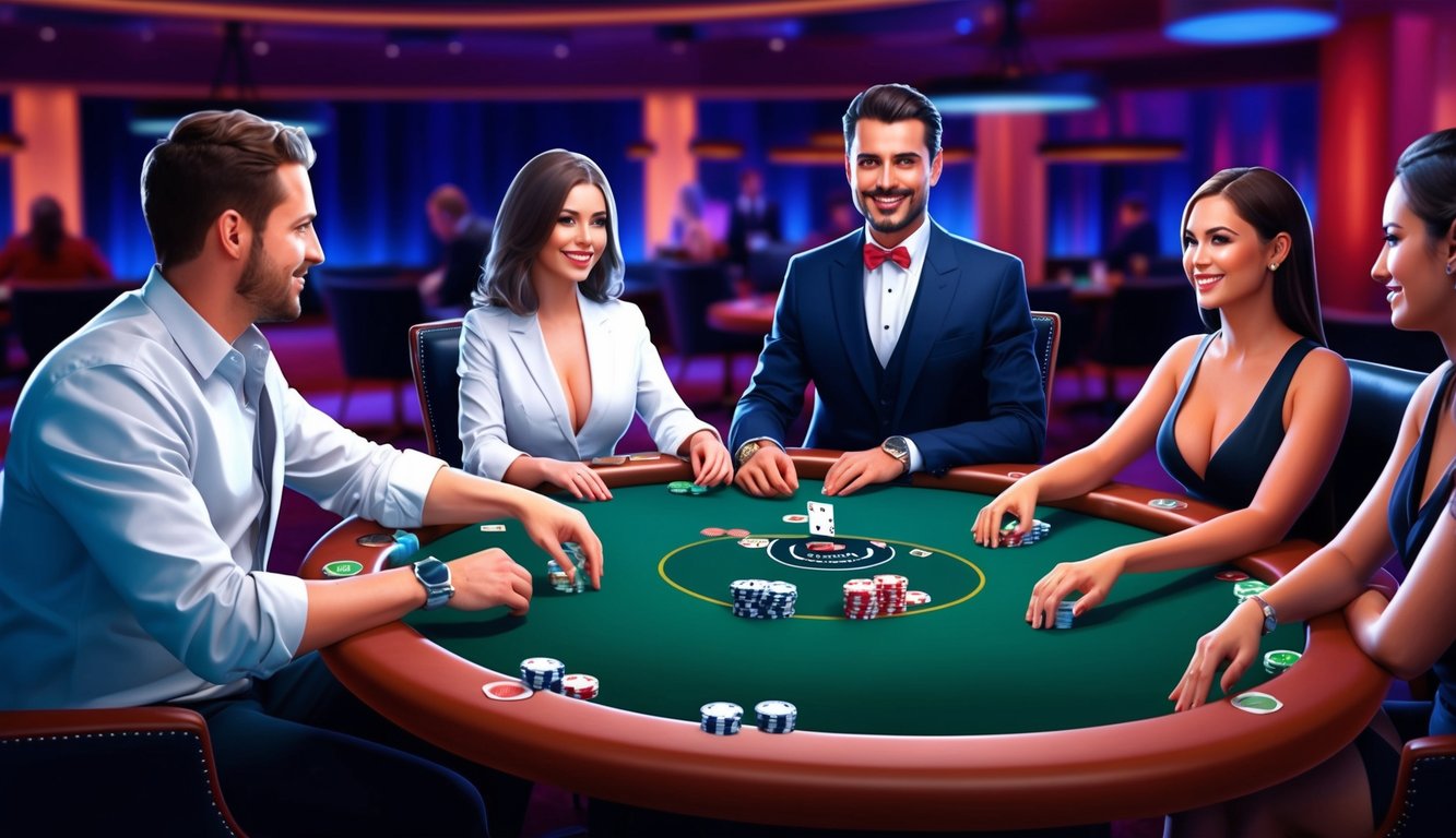 Meja poker virtual dengan dealer langsung di layar. Pemain berinteraksi dengan antarmuka permainan.