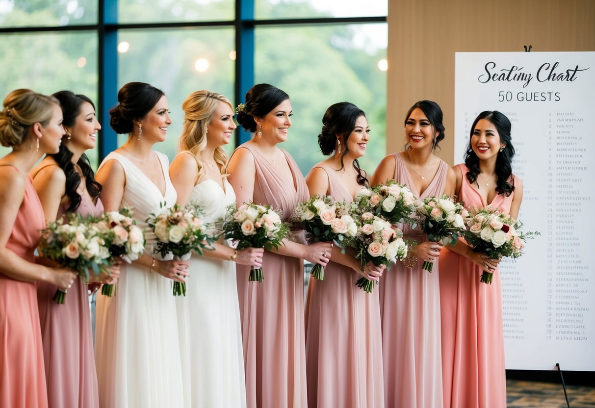A group of bridesmaids standing in a line, each holding a bouquet, with a seating chart for 50 guests in the background