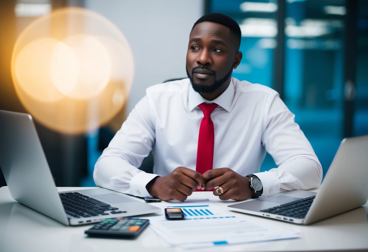 A celebrant sitting at a desk with a laptop, surrounded by papers and a calculator, deep in thought about pricing