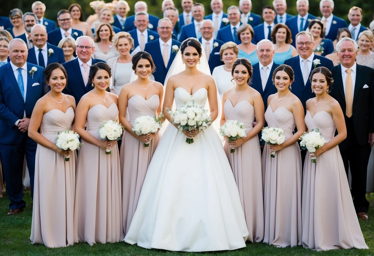 A bride surrounded by 5 bridesmaids, all dressed in elegant attire, standing in front of a group of 50 guests