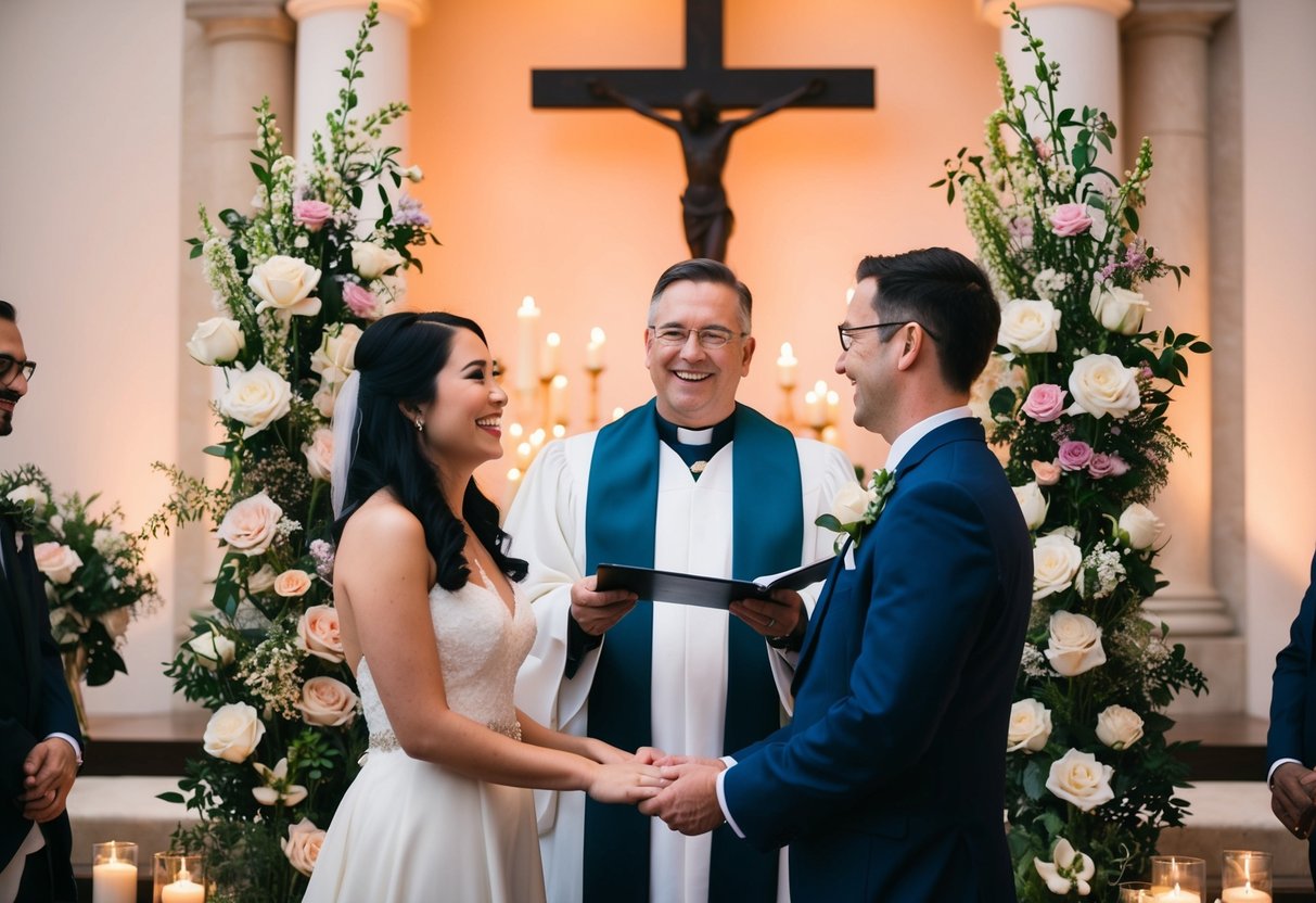 A celebrant stands at an altar, surrounded by blooming flowers and soft candlelight. A couple looks on with joy, ready to exchange vows