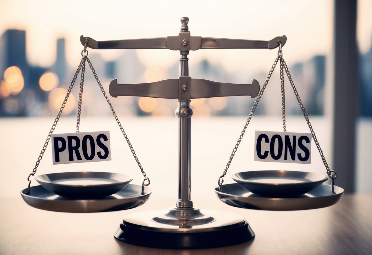 A scale with a "pros" side outweighing a "cons" side
