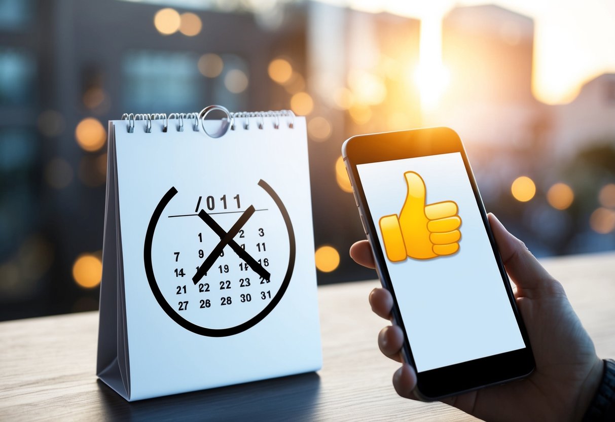 A calendar with a circle around a date, crossed out with a bold X. A digital invite on a smartphone screen, with a thumbs-up emoji