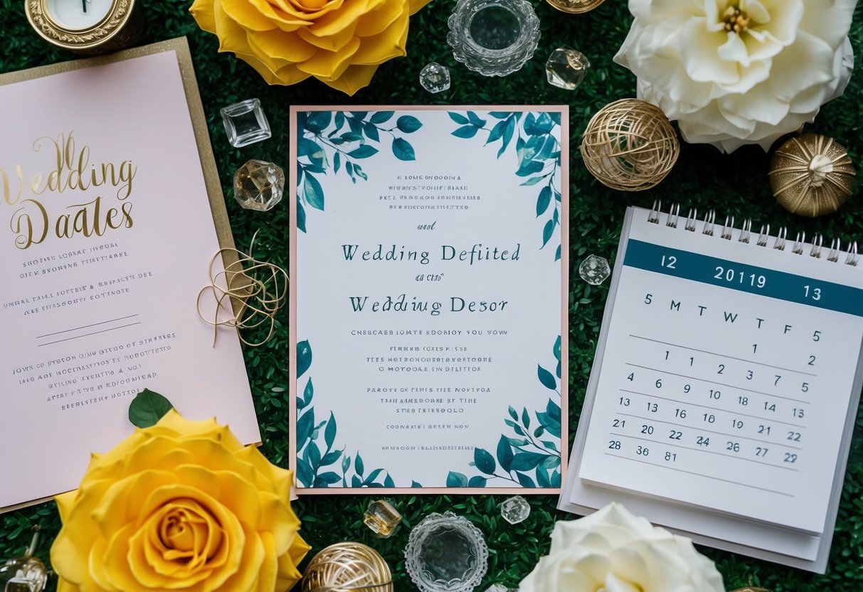 A couple's wedding invitation surrounded by coordinating decor and details, with a calendar showing the wedding date highlighted