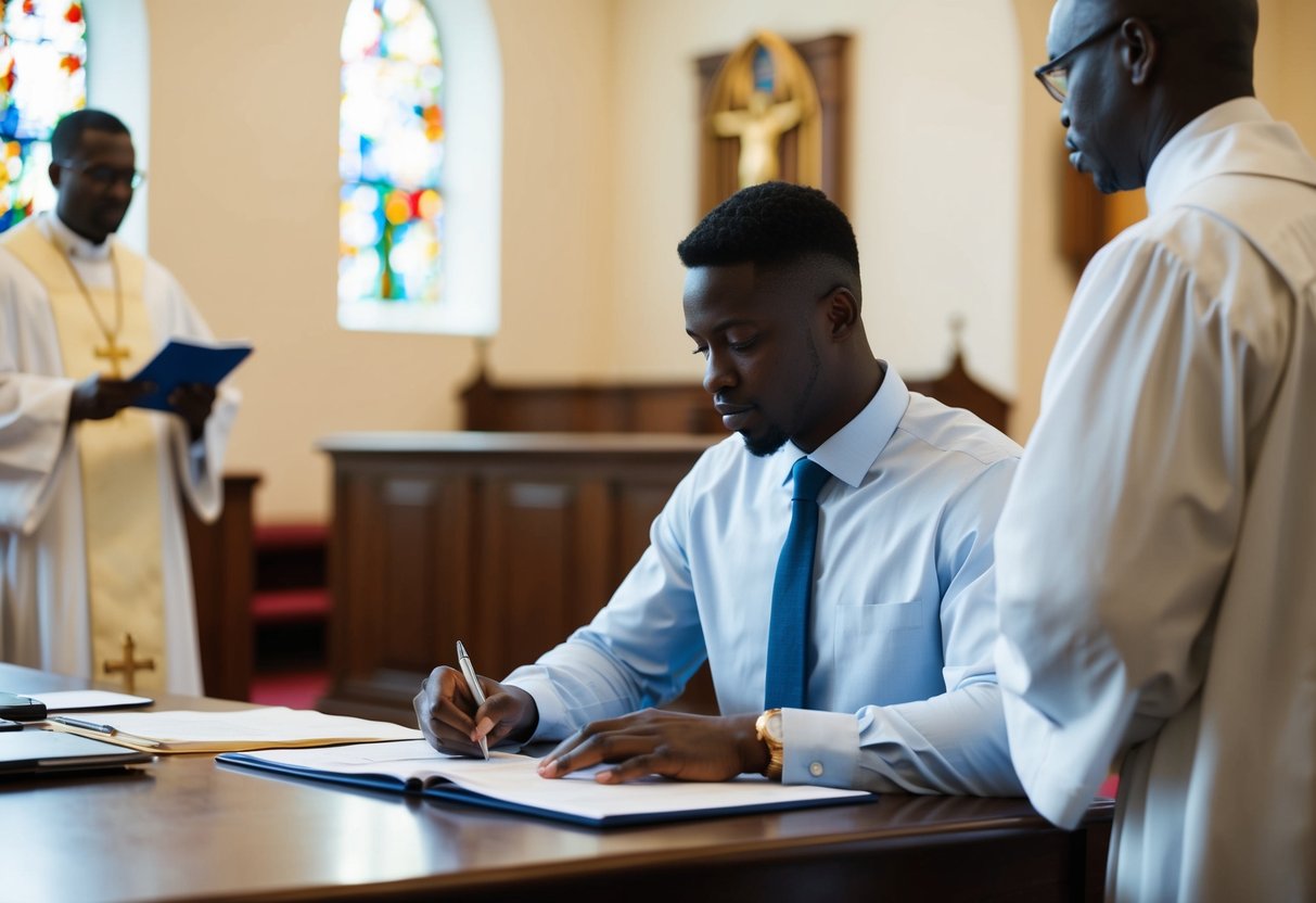 A figure filling out paperwork at a desk in a church office, with a clergy member nearby
